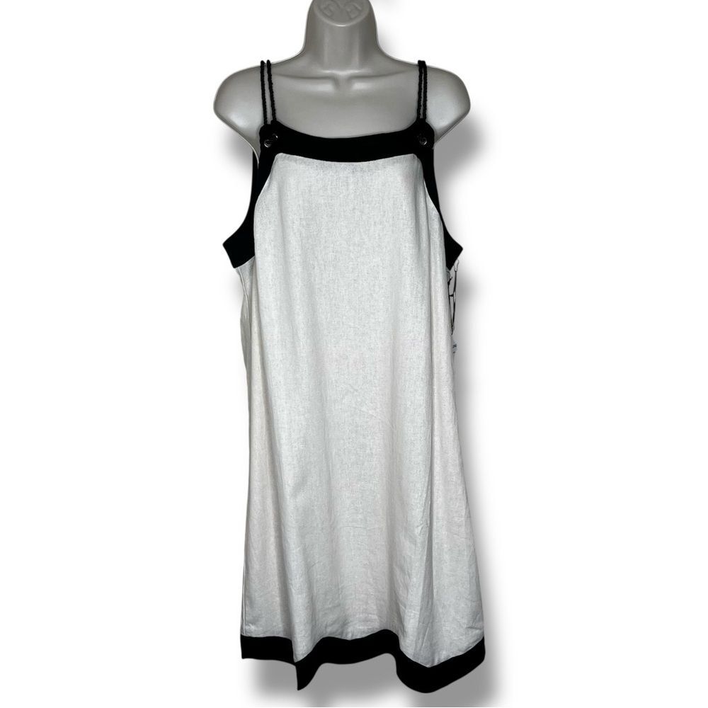 NWT For Cynthia Linen Blend Sleeveless Cream Shift Dress Black Trim Women Large